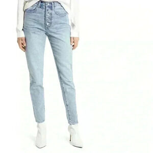 Crystal Exposed Button High Waist Jeans